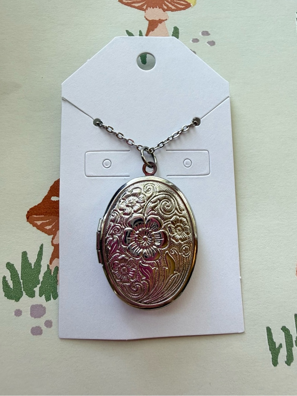 Silver Floral Oval Locket Necklace